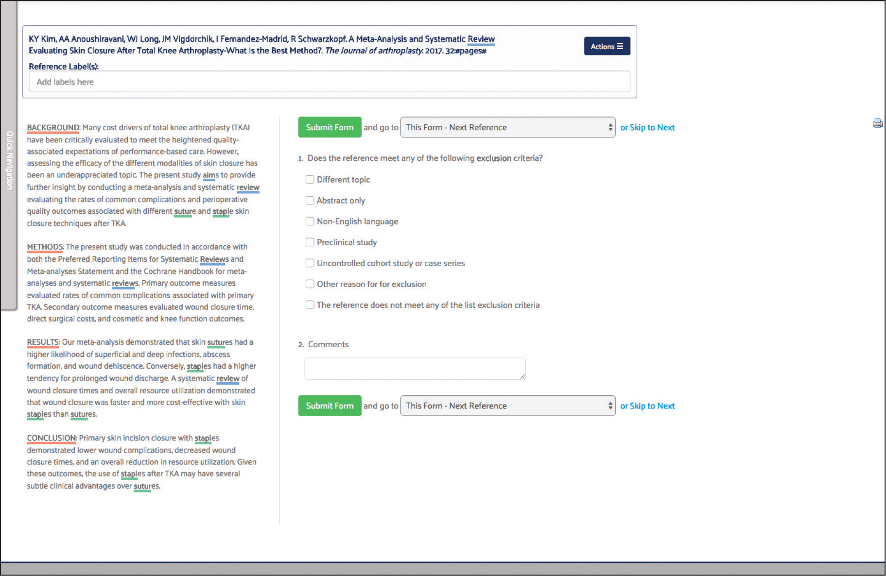 Screenshot of Screening form for autosuture state of the art literature review
